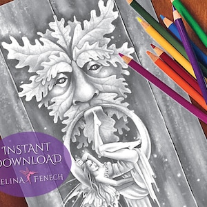 Greenman's Door Fairy Companions Página para colorir em escala de cinza / Digi Stamp Fantasy para impressão, download por Selina Fenech