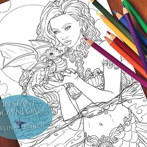 Malvorlage „Tiny Beast Mermaids and Animal Companions“/Digi Stamp Fantasy zum Ausdrucken zum Download von Selina Fenech