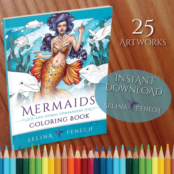 Mermaids and Animal Companions Coloring Collection Coloring Page/Digi Stamp Fantasy Printable Download by Selina Fenech