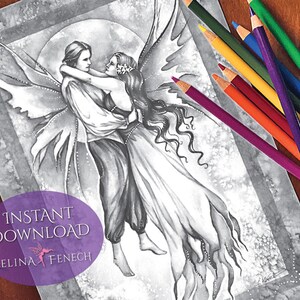 Glückliche Gedanken Fee Gefährten Graustufen Coloring Page/Digi Stamp Fantasy Printable Download by Selina Fenech