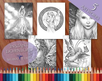 Fairies Fairy Magic Grayscale Coloring Page/Digi Stamp Fantasy Printable Download by Selina Fenech