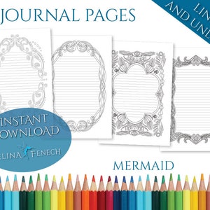 Mermaid Borders Coloring Journal Journalling Writing Paper Art Printable Stationery Scrapbooking Design Instant Download