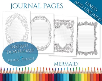 Mermaid Borders Coloring Journal Journalling Escritura Papel Arte Papelería imprimible Scrapbooking Diseño Descarga instantánea
