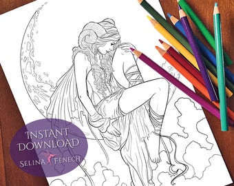 Dark Moon Night Magic Gothic Fairy Coloring Page/Digi Stamp Fantasy Printable Download by Selina Fenech
