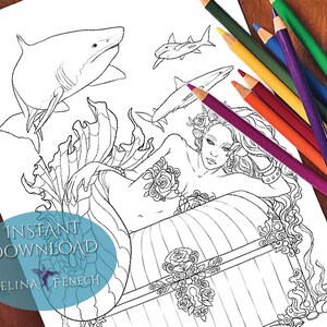 Rose Schatz Meerjungfrauen und Tier Begleiter Färbung Seite/Digi Stamp Fantasy Printable Download von Selina Fenech