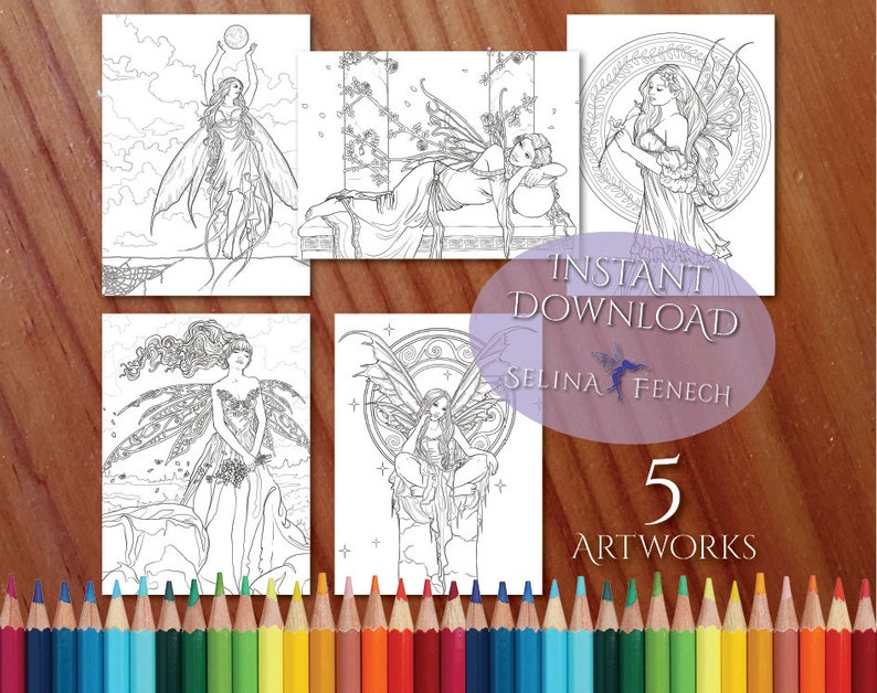 May include: Five black and white line art illustrations of fairies with wings. The fairies are in various poses, including flying, sitting, and standing. The illustrations are suitable for coloring.