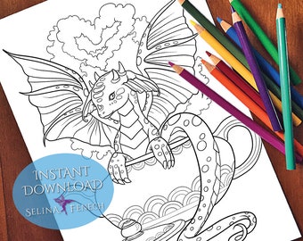 Love a Hot Tea Faedorables Tea Party Coloring Page/Digi Stamp Fantasy Printable Download by Selina Fenech