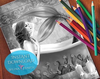 Bathtime Mermaids Grayscale Coloring Page/Digi Stamp Fantasy Printable Download by Selina Fenech