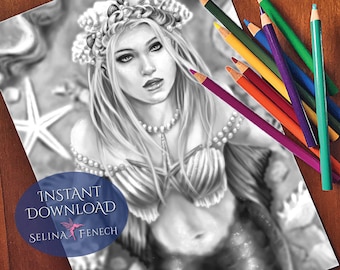 Shell Princess Mythical Mermaids Grayscale Coloring Page/Digi Stamp Fantasy Printable Download by Selina Fenech