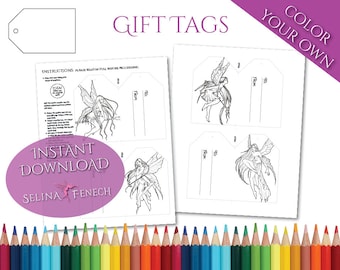 Nouveau Fairies Fairy Art Gift Tags Coloring Page/Digi Stamp Fantasy Printable Download by Selina Fenech