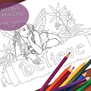 Believe Fairy Art Coloring Page/Digi Stamp Fantasy Printable Download by Selina Fenech