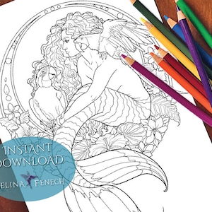 Página para colorir de sereias e companheiros animais do paraíso perfeito / Digi Stamp Fantasy para impressão, download por Selina Fenech