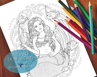Each Pearl a Wish Mermaids and Animal Companions Coloring Page/Digi Stamp Fantasy Printable Download by Selina Fenech