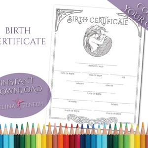 Certificado de nacimiento Maternidad Sirena Página para colorear Digi Stamp Fantasía Imprimible Descargar por Selina Fenech