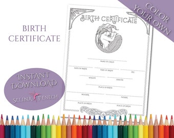 Birth Certificate Motherhood Mermaid Coloring Page Digi Stamp Fantasy Printable Download by Selina Fenech