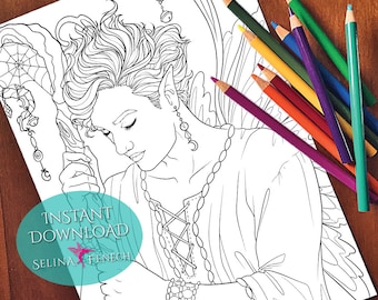 May include: A black and white line art coloring page featuring a woman with long hair and wings. She is holding a staff with a spider web at the top. The text "INSTANT DOWNLOAD SELINA FENECH" is at the bottom of the page.