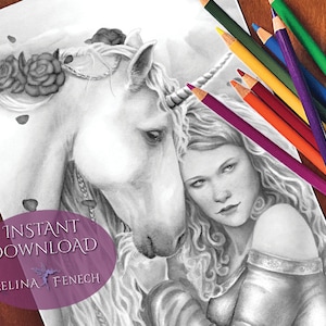 Rose Gothic Grayscale Coloring Page/Digi Stamp Fantasy Printable Download by Selina Fenech