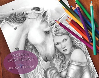 Rose Gothic Grayscale Coloring Page/Digi Stamp Fantasy Printable Download by Selina Fenech