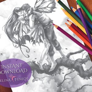 Blossoming Love Fairy Companions Página para colorear en escala de grises/Digi Stamp Fantasy Descarga imprimible por Selina Fenech