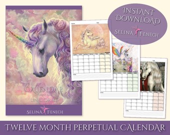 Unicorns Perpetual 12 Month Calendar Fairy Art Printable Scrapbooking Design Instant Download
