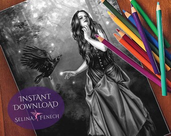 Shades Night Magic Gothic Grayscale Coloring Page/Digi Stamp Fantasy Printable Download by Selina Fenech