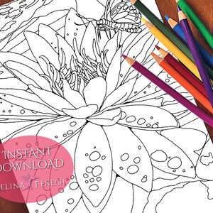 Schmetterling und Lilie Watergarden Teiche und Blumen Malseite/Digi Stamp Fantasy Printable Download von Selina Fenech