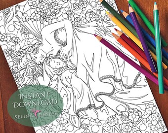 May include: A black and white line art coloring page featuring a fairy with wings, laying down with a baby in her arms. The fairy is surrounded by flowers and leaves.