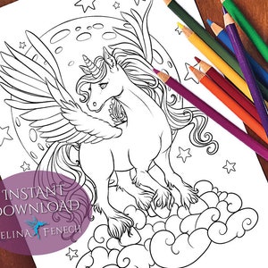 Nighttime Magic Unicorns and Dragons Coloring Page/Digi Stamp Fantasy Printable Download by Selina Fenech