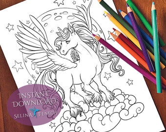 Nighttime Magic Unicorns and Dragons Coloring Page/Digi Stamp Fantasy Printable Download by Selina Fenech