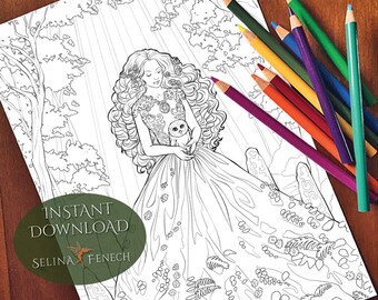 May include: A black and white line art coloring page featuring a woman with long flowing hair holding an owl. The woman is wearing a dress with intricate details. The background is a forest with trees and leaves. The text "INSTANT DOWNLOAD" and "SELINA FENECH" is visible at the bottom of the page.