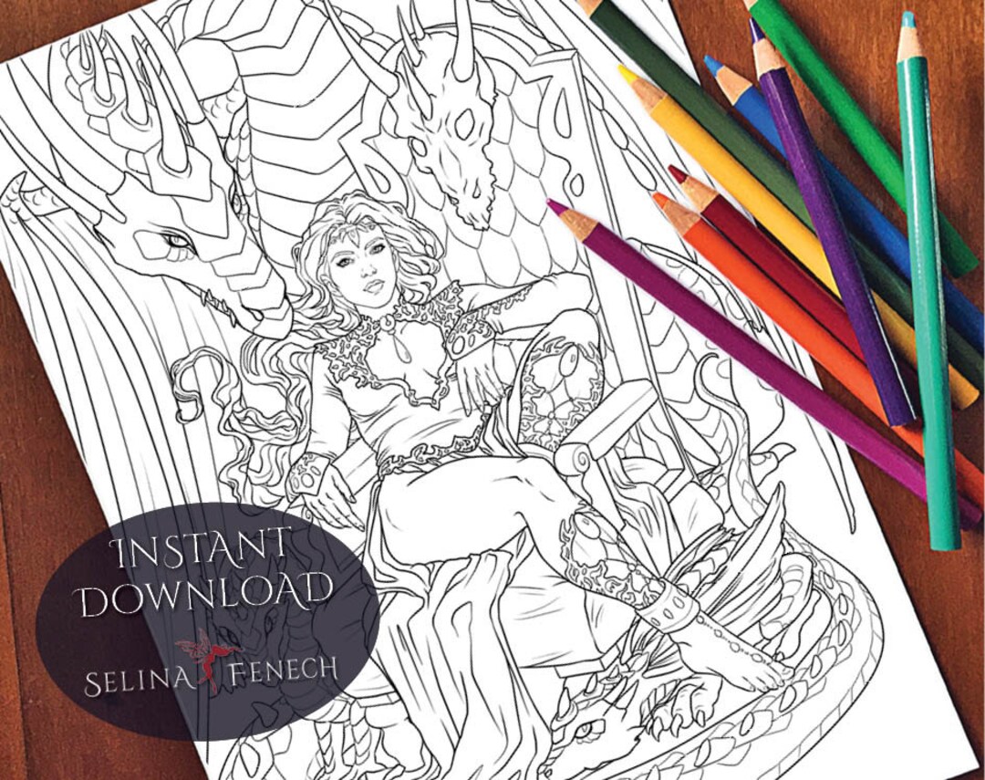 Dragon Queen Dark Fantasy Coloring Page/digi Stamp Fantasy Printable ...