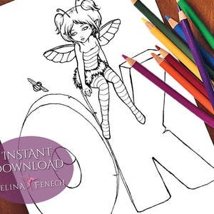 Página para colorir Little Bee OK Fairy Art / Digi Stamp Fantasy para impressão, download por Selina Fenech