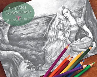 Hatchling Enchanted Magical Forests Grayscale Coloring Page/Digi Stamp Fantasy Printable Download by Selina Fenech