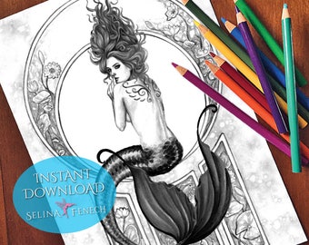 Underwater Secrets Mermaids Grayscale Coloring Page/Digi Stamp Fantasy Printable Download by Selina Fenech