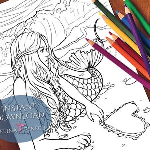 Waiting Mermaids Calm Ocean Coloring Page/Digi Stamp Fantasy Printable Download by Selina Fenech