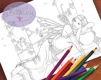 Daydream Fairy Coloring Page/Digi Stamp Fantasy Printable Download by Selina Fenech