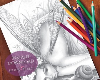 Snail's Pace Fairy Art Página para colorear en escala de grises/Digi Stamp Fantasy Descarga imprimible por Selina Fenech