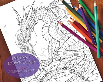 May include: A black and white line art coloring page featuring a dragon and a woman. The dragon is curled around the woman, and its head is resting on her shoulder. The woman is holding the dragon's snout with her hand. The dragon has large wings and a long tail. The woman has long flowing hair and is wearing a dress. The coloring page is titled "Instant Download" and "Selina Fenech".