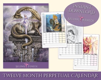 Dragones Perpetuo 12 Meses Calendario Hada Arte Imprimible Scrapbooking Diseño Descarga Instantánea