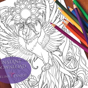 Coloriage Phoenix magique ailé/Tampon numérique Fantasy imprimable par Selina Fenech