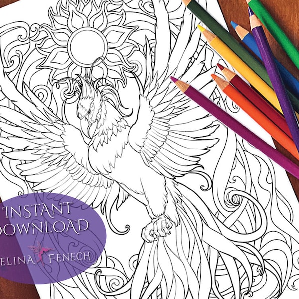 Phoenix Winged Magic Coloring Page/Digi Stamp Fantasy Printable Download by Selina Fenech