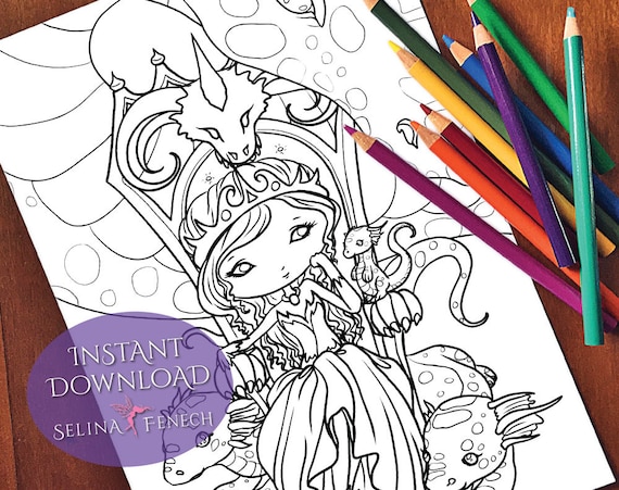 Dragon Queen Cute And Creepy Coloring Page Digi Stamp Fantasy Etsy