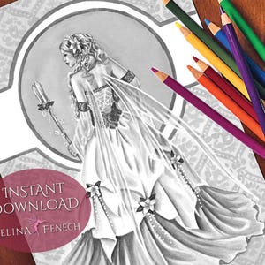 Fairy Queen Titania Festive Magic Grayscale Coloring Page/Digi Stamp Fantasy Printable Download by Selina Fenech