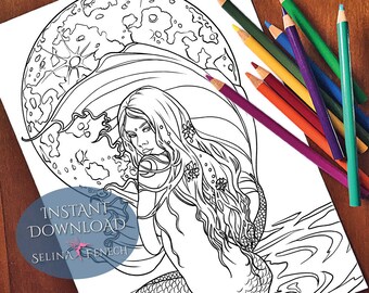 May include: A black and white line art coloring page featuring a mermaid with long flowing hair, holding a crescent moon. The mermaid is surrounded by water waves. The text "INSTANT DOWNLOAD SELINA FENECH" is at the bottom of the page.