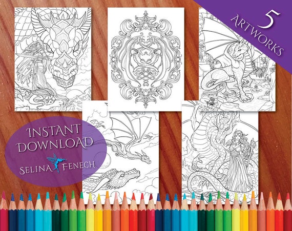 Magical Dragons Coloring Page/digi Stamp Fantasy Printable | Etsy