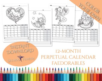 12 Month Perpetual Calendar Faedorables Coloring Page/Digi Stamp Fantasy Printable Download by Selina Fenech