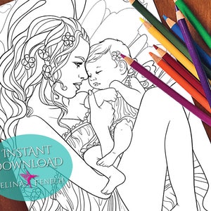 Mother's Love Fairy Portraits Página para colorear/Digi Stamp Fantasy Descarga imprimible por Selina Fenech