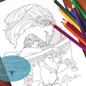 Página para colorir de sereias e companheiros de animais para a hora do banho / Digi Stamp Fantasy para impressão, download por Selina Fenech