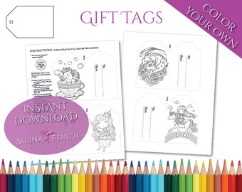 Faedorables Fantasy Gift Tags Coloring Page/Digi Stamp Fantasy Printable Download by Selina Fenech