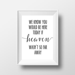 May include: A framed print with a white border. The black text reads: "WE KNOW YOU WOULD BE HERE TODAY IF heaven WASN'T SO FAR AWAY."